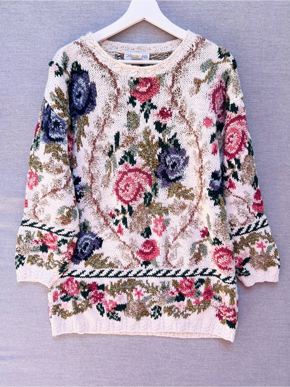 Casual Corner Cream Knit Sweater with Pink & Green Floral Detail